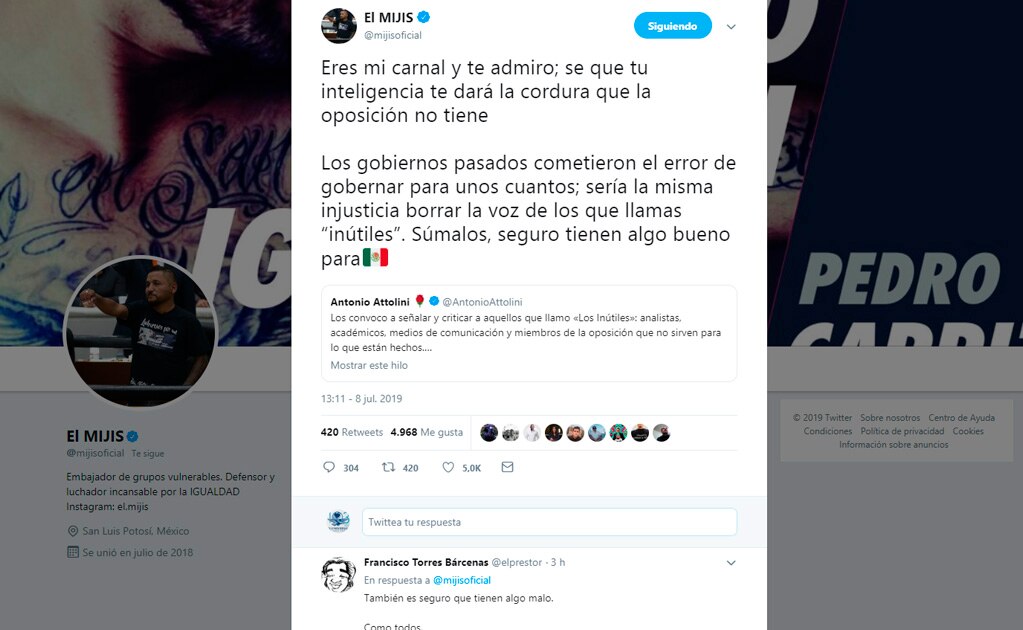 Pide "El Mijis" a Attolini no minimizar voces de quienes critican a gobierno de AMLO