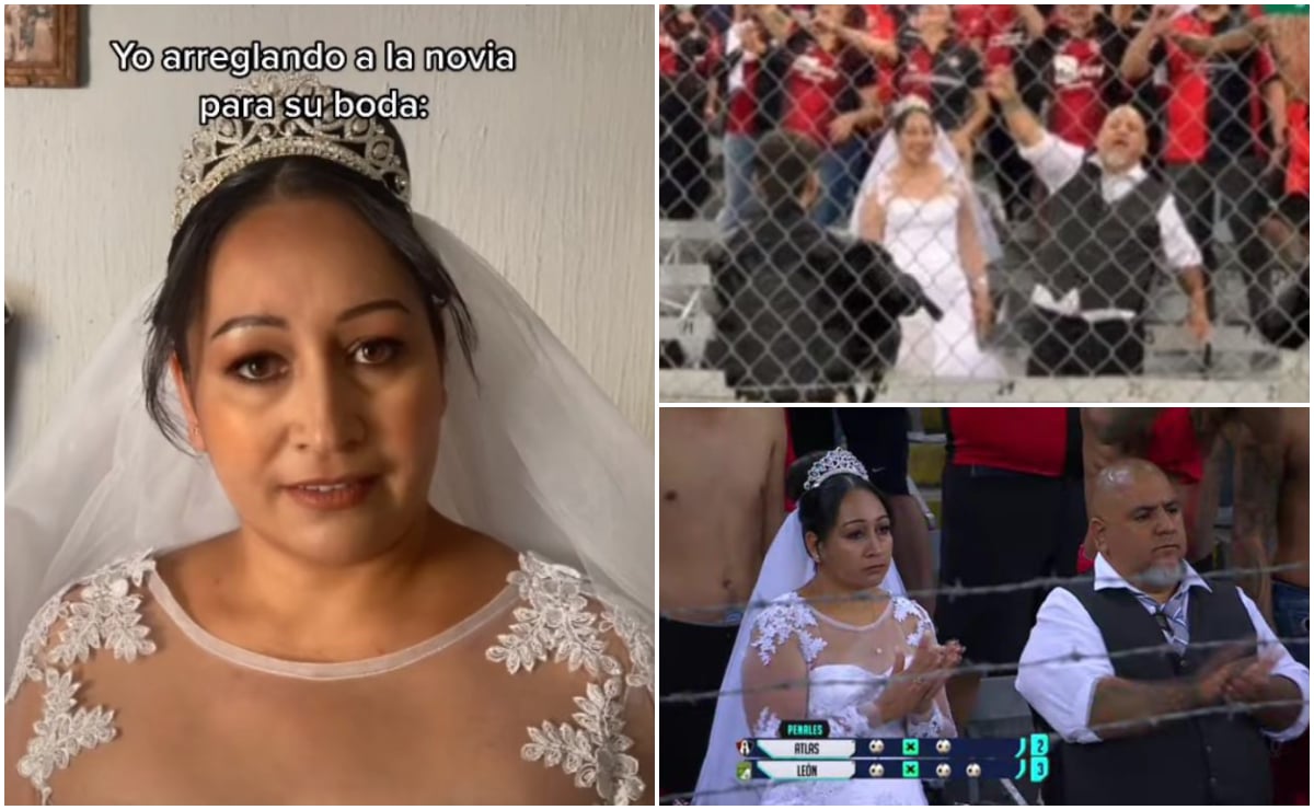 Con todo y vestido, novios celebran luna de miel en final Atlas contra León