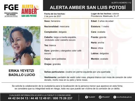 Activan Alerta Amber para localizar a niña de tres años en Matehuala