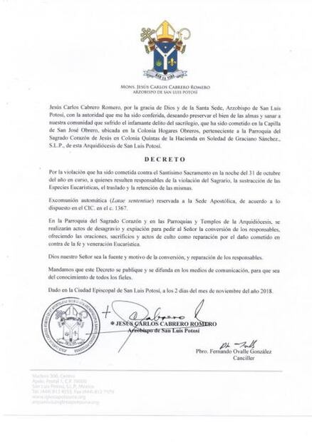 Decreta iglesia católica excomunión por robo en una capilla