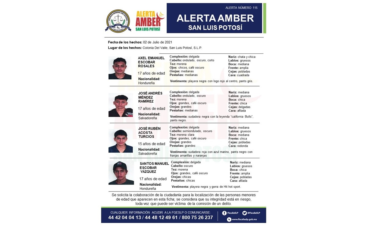 Fiscalía de SLP activa Alerta Amber para localizar a 4 migrantes menores de edad