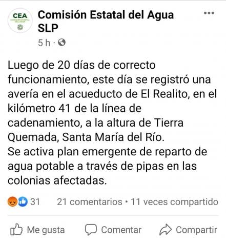 En fiestas patrias, 30 colonias de la zona metropolitana de SLP se quedan sin agua; El Realito falla otra vez