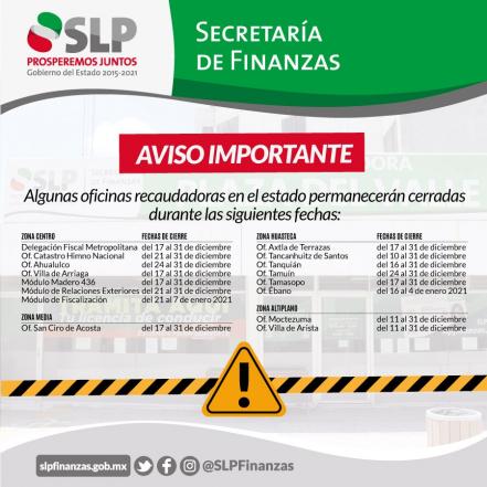 Entérate. SLP anuncia el cierre temporal de sus oficinas recaudadoras