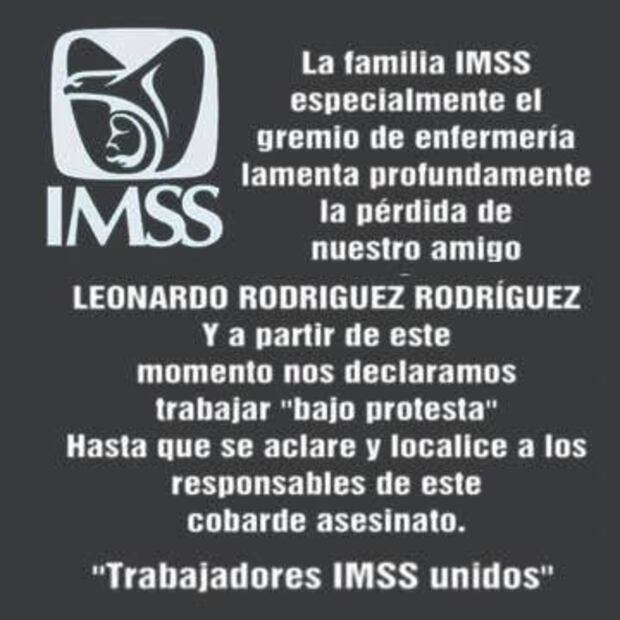 Enfermeros del IMSS trabajarán bajo protesta por asesinato de compañero