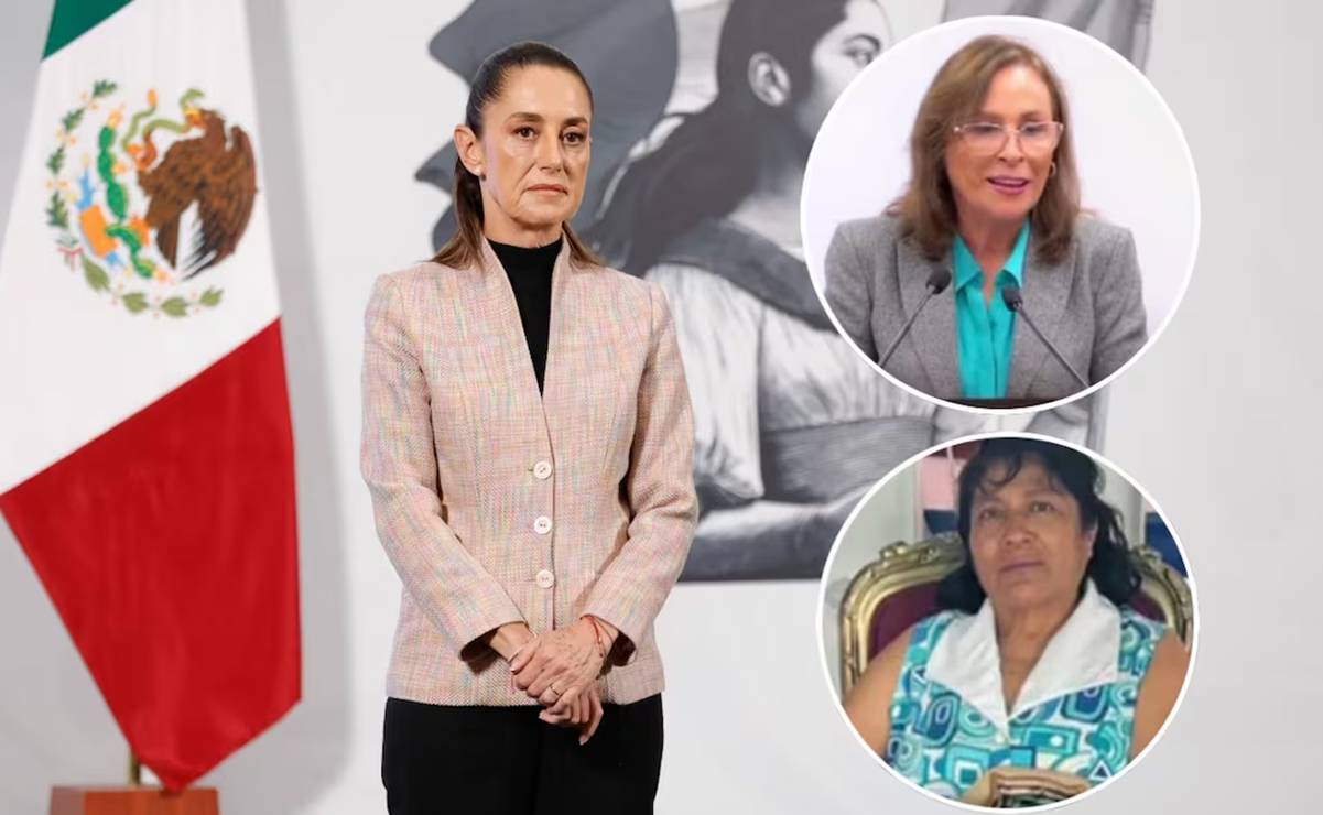 Claudia Sheinbaum, presidenta de México, durante la mañanera del 29 de julio del 2025 y Rocío Nahle, gobernadora de Veracruz e Irma Hernández, maestra jubilada y taxista. Fotos: Diego Simón / EL UNIVERSAL, tomada de la cuenta de X de @blogdelnarcomx y captura de pantalla