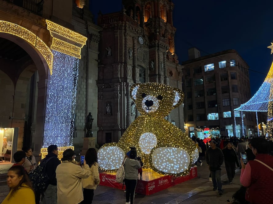 Oso Tedy iluminado frente al Palacio Municipal de SLP