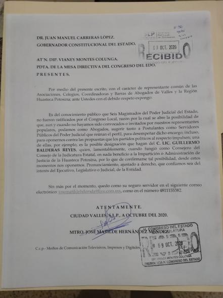 Abogados potosinos denuncian imposición de Guillermo Balderas en Poder Judicial