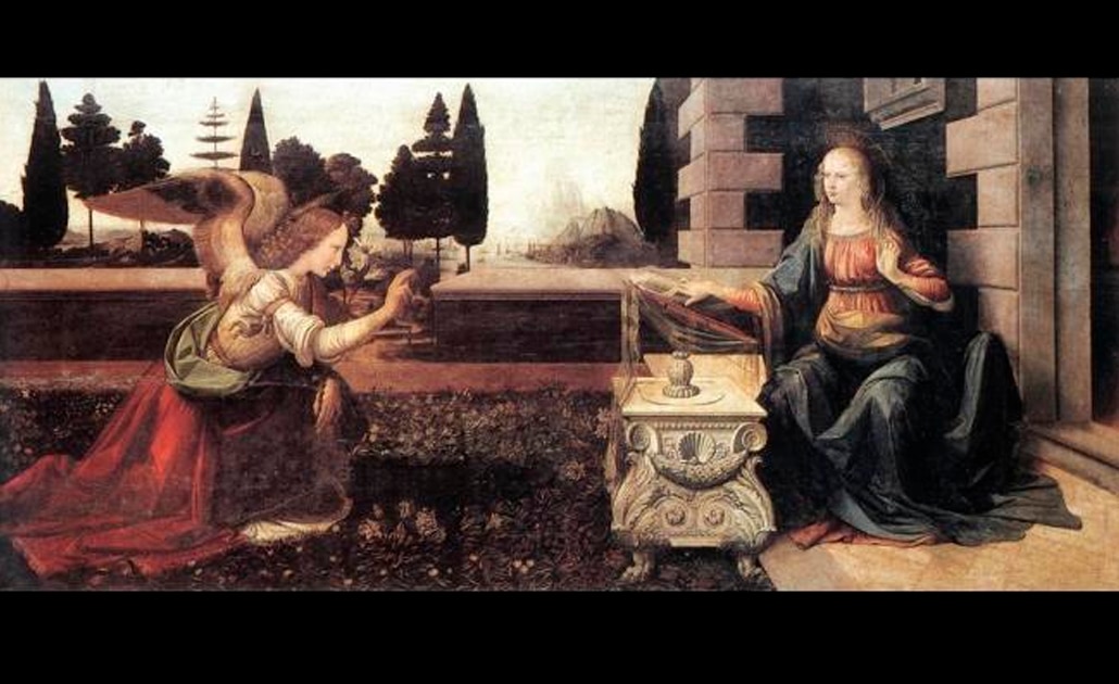 Imagen de "La anunciación", obra de Leonardo da Vinci en la Galería de los Uffizi. Foto: wga.hu