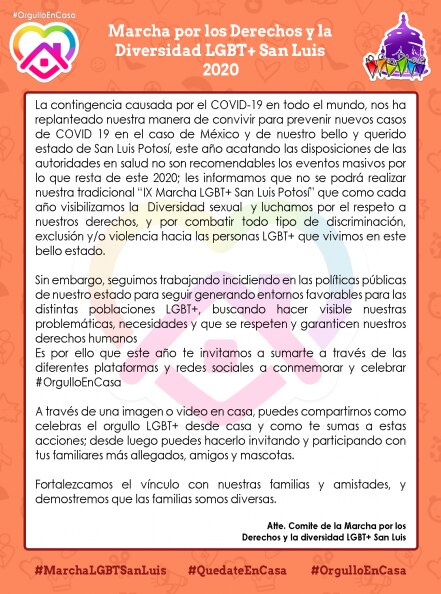 Anuncian cancelación de la marcha LGBTTTI en San Luis Potosí