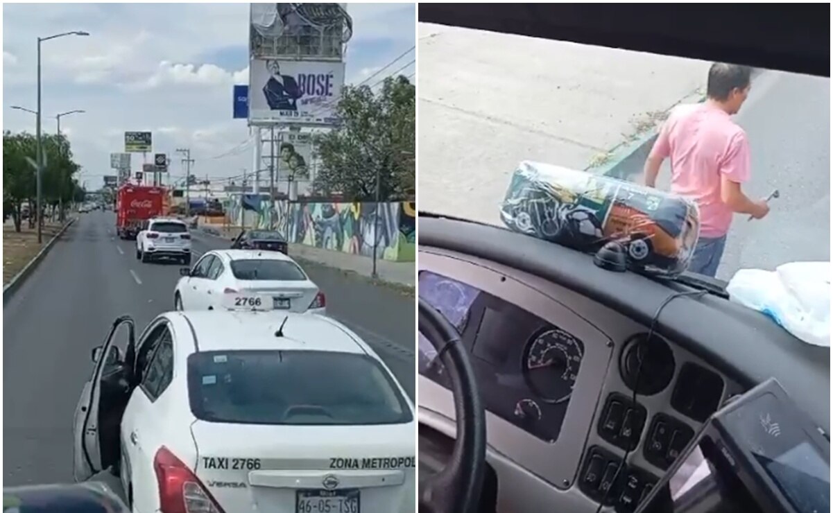 VIDEO: Taxista descarga su furia contra camión urbano en SLP; le rompe una ventana con una cruceta