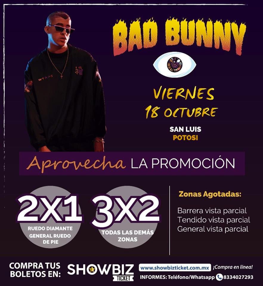 Cartel de Bad Bunny en SLP con boletos en remate