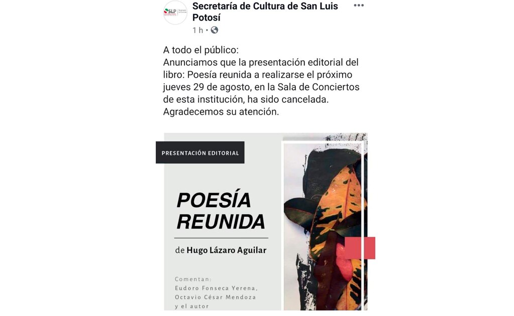 Cancelan presentación de Hugo Lázaro Aguilar