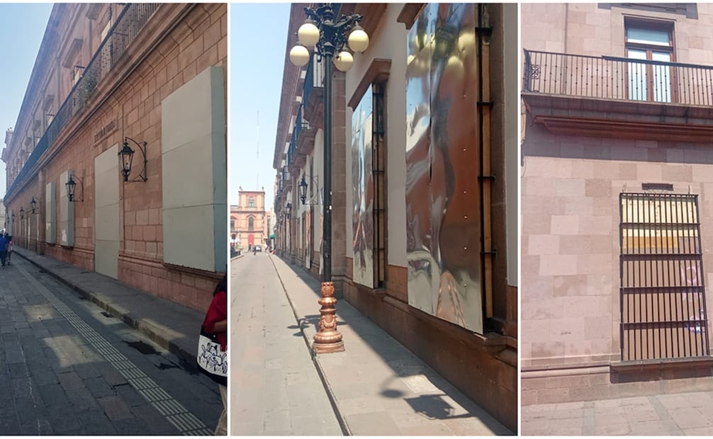 La fachada principal del Palacio de Gobierno cuenta con vallas metálicas de manera permanente en el acceso principal y con accesos controlados por personal de la Guardia Civil Estatal (GCE). Foto: Especial.