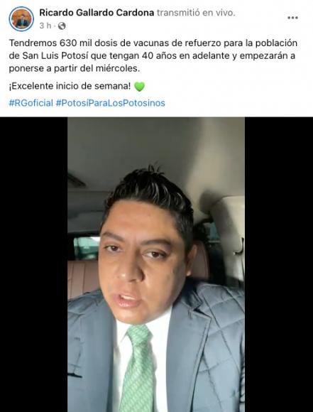 Anuncia Ricardo Gallardo aplicación de vacuna de refuerzo para mayores de 40 años