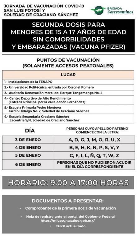 Aplicarán segunda dosis de vacuna antiCovid a menores de 15 a 17 años en SLP