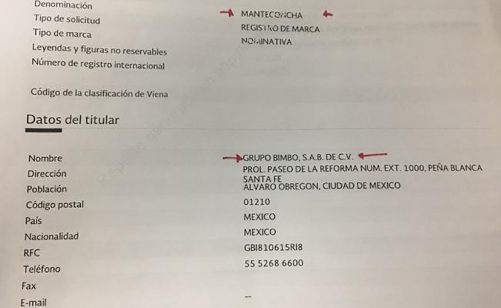 Registro ante el IMPI del nombre manteconchas. Foto: Especial