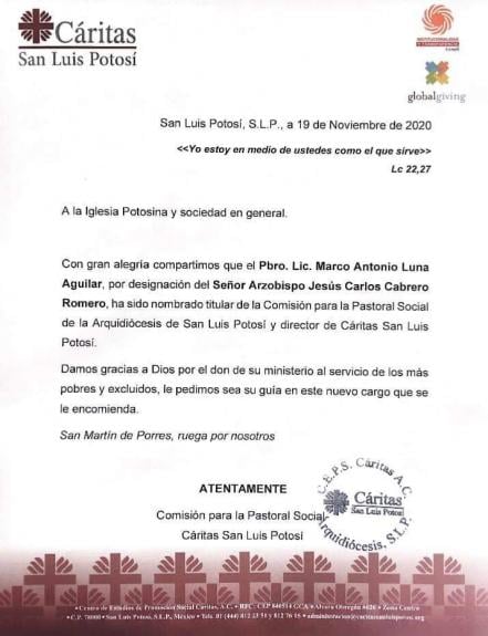 Nombran a Marco Antonio Luna Aguilar como nuevo director de Cáritas SLP