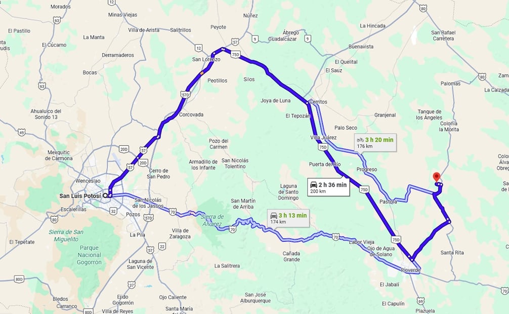 Ruta de llegada a Los Peroles desde la capital de SLP. Foto: Google Maps.