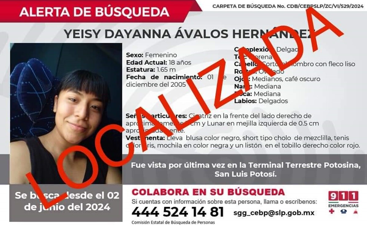 Localizan a Yeisy Dayanna, joven reportada como desaparecida tras decir que tomaría un taxi en SLP