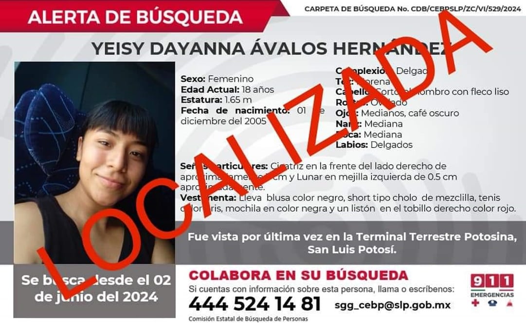 Localizan a Yeisy Dayanna, desaparecida en la capital de SLP.