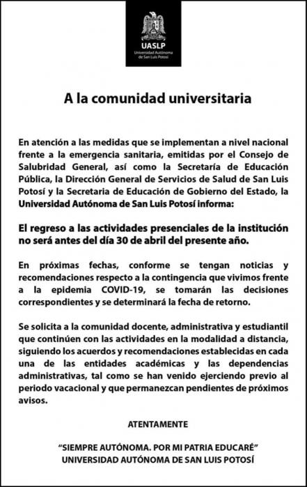 UASLP anuncia que el regreso a clases presenciales no será el 30 de abril