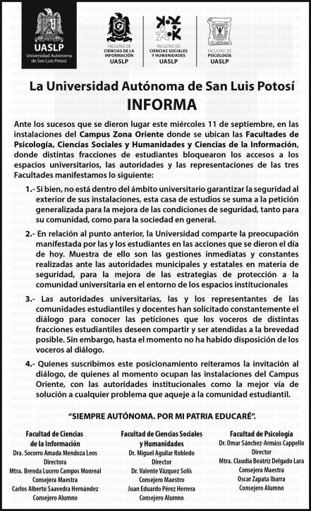 UASLP llama a dialogar a estudiantes que bloquearon instalaciones