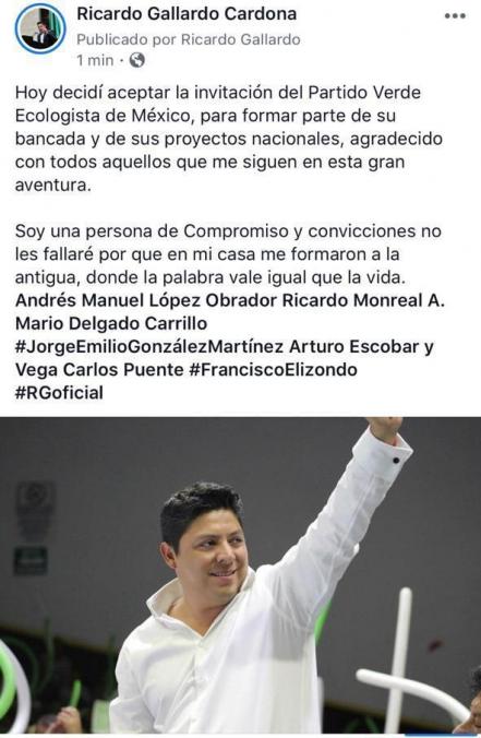El diputado federal Ricardo Gallardo Cardona formaliza su adhesión al PVEM