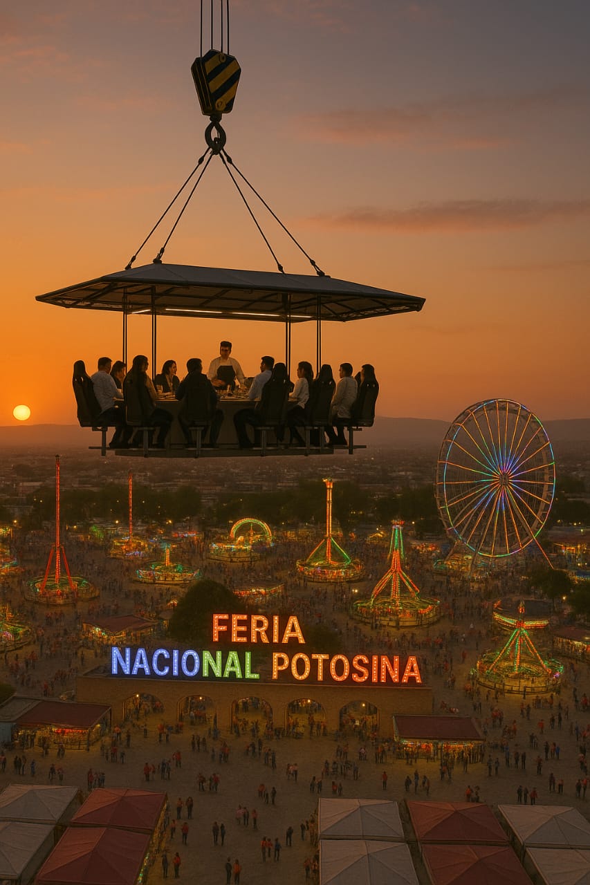 “Dinner in the Sky”. Foto: Creada con IA