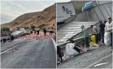 Vuelca tráiler de Coca Cola y se desata rapiña en la carretera 57 de SLP; nadie ayuda al conductor 