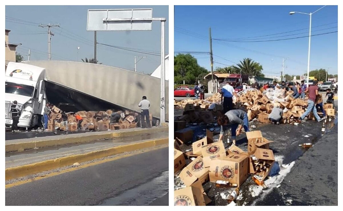 Realizan rapiña de cerveza tras choque de camión en carretera de SLP