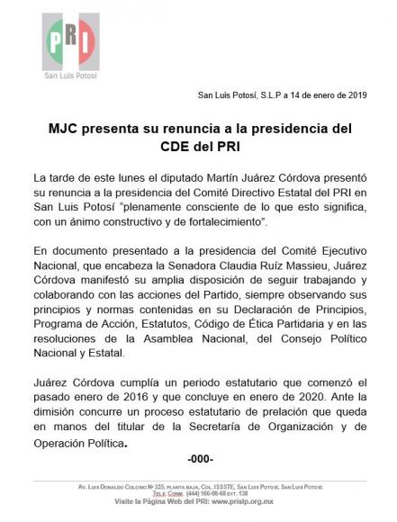 Martín Juárez deja la dirigencia estatal del PRI