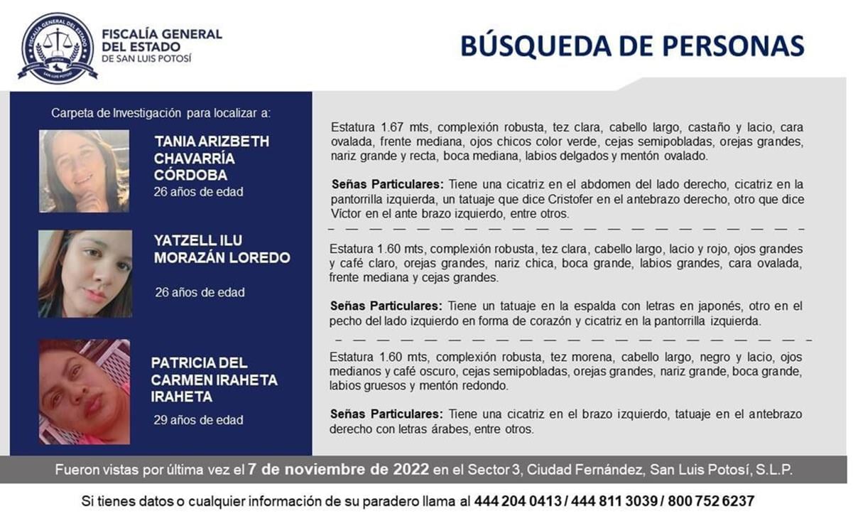 Reportan desaparición de tres mujeres jóvenes en Ciudad Fernández, SLP. Foto: Fiscalía de SLP