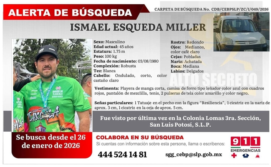 Esqueda Miller es nieto de la cantante Lucha Villa. Foto: Comisión Estatal de Búsqueda de Personas San Luis Potosí