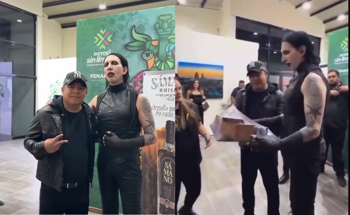 Ricardo Gallardo le entrega regalo a Marilyn Manson. Fotos: Capturas de pantalla, redes Ricardo Gallardo