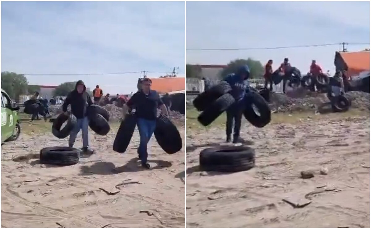 Volcadura de tráiler desata rapiña de llantas en SLP. Fotos: Capturas de video