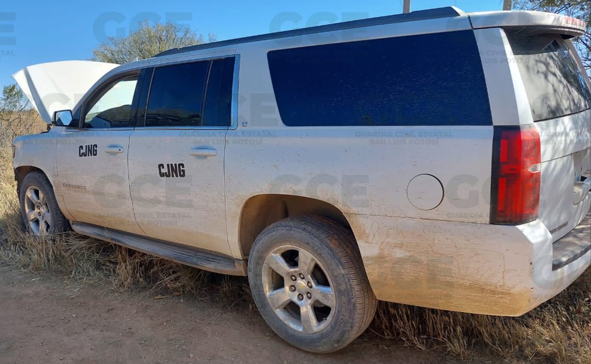 Aseguran camioneta con rótulos de Cártel Jalisco Nueva Generación en Villa de Ramos. Fotos: GCE