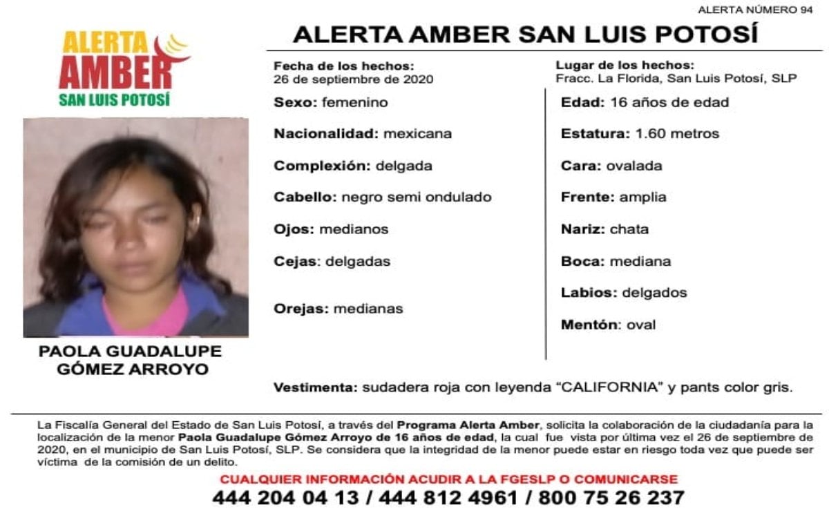 Activan Alerta Amber para localizar a Paola Guadalupe en la capital potosina