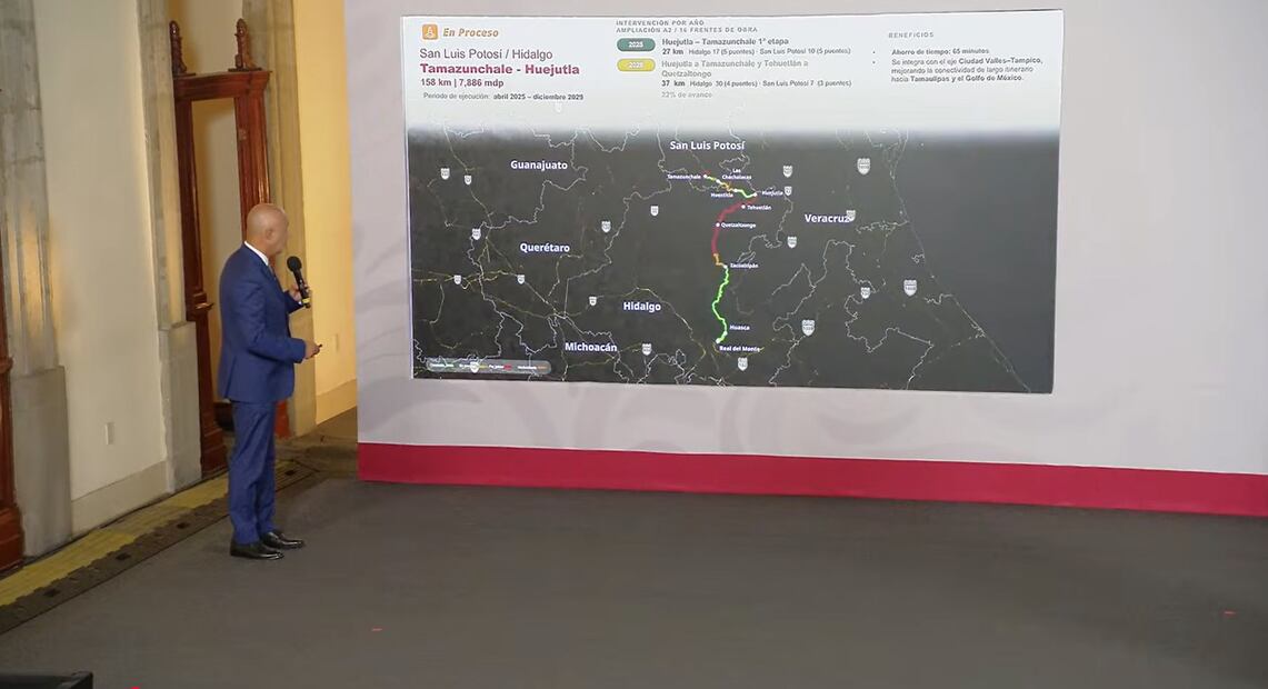 La carretera Tamazunchale-Huejutla se encuentra en la segunda etapa de construcción y forma parte de los "Caminos Prioritarios" de la administración de Sheinbaum. Foto: captura de pantalla.