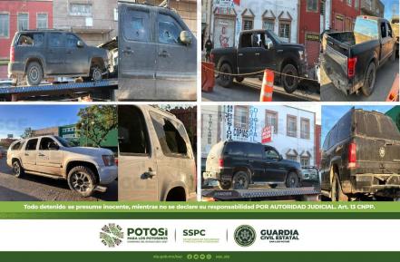 Guardia Civil asegura vehículos con blindaje artesanal, armamento y equipo táctico tras un enfrentamiento en SLP 