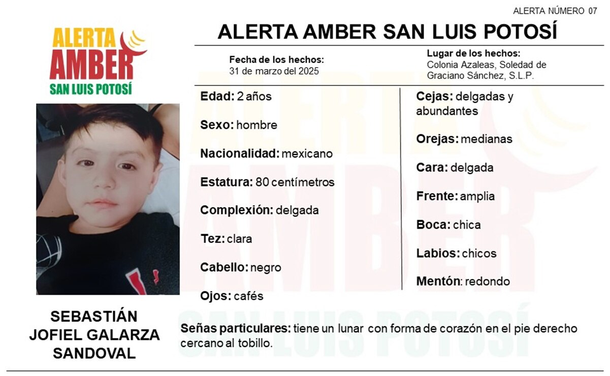 Activan alerta Amber para localizar a menor de dos años desaparecido en Soledad. Foto: Fiscalía de SLP