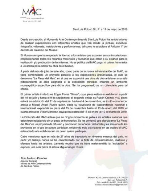 Director del MAC responde a señalamientos de artista