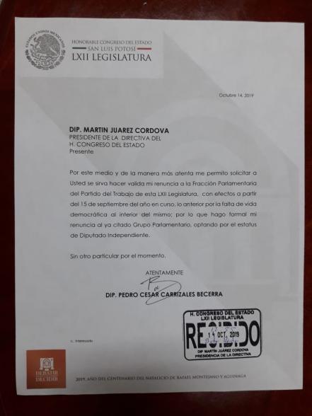 “El Mijis” formaliza su renuncia al PT en el Congreso de SLP