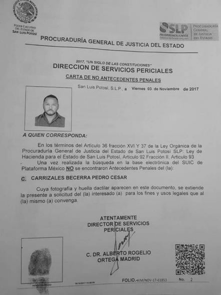 Publican carta de no antecedentes penales de Pedro Carrizales “El Mijis”