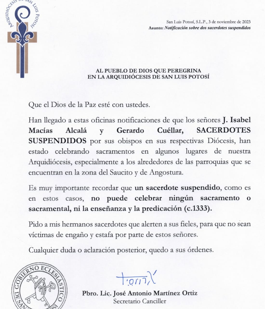 Alerta arquidiócesis de SLP por dos sacerdotes suspendidos que realizan misas fraudulentas. Foto: Especial