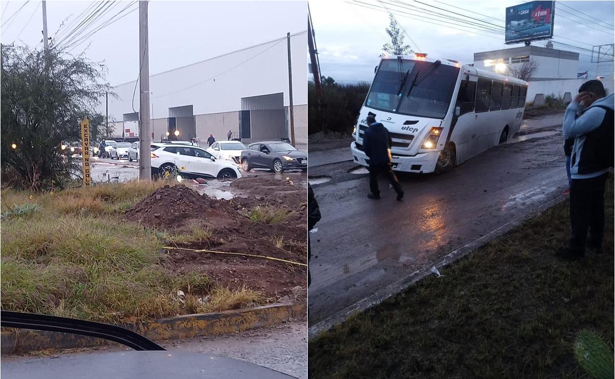 Autos atascados en zanjas y socavones, entre los estragos de las lluvias en la zona industrial de SLP. Fotos: Cortesía