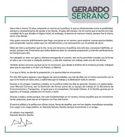 Renuncia Sergio Serrano a la SCT