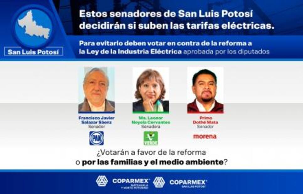 Coparmex llama a senadores potosinos a echar atrás reforma eléctrica