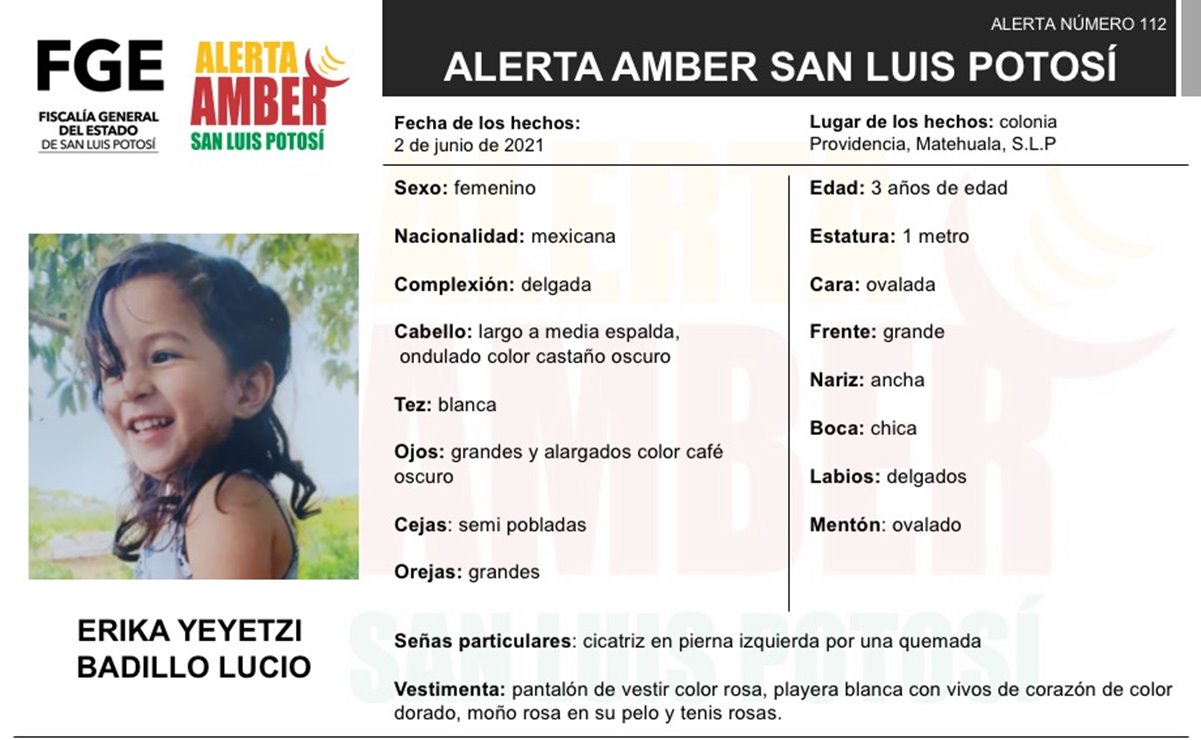 Activan Alerta Amber para localizar a niña de tres años en Matehuala