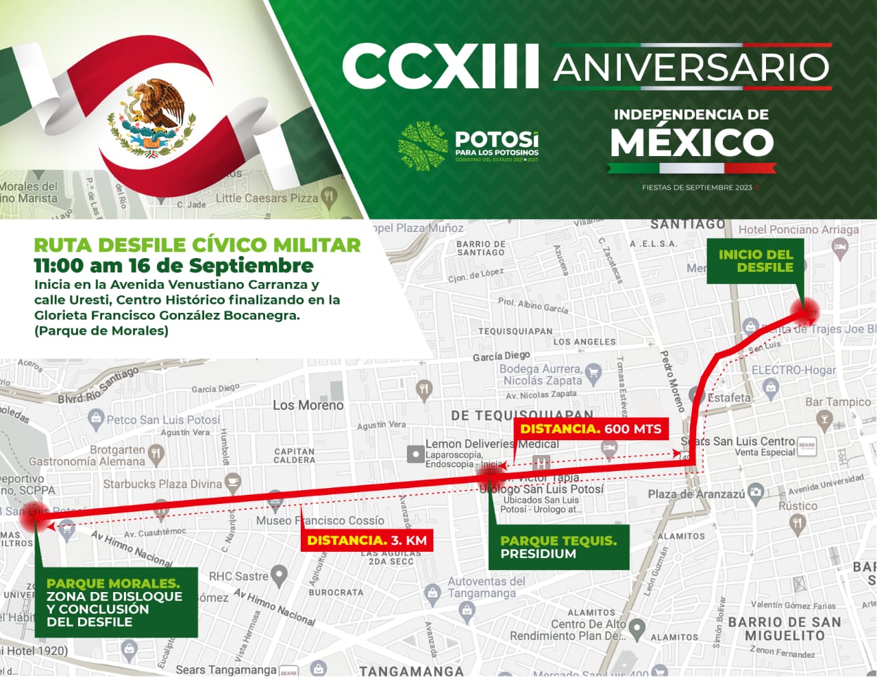 MAPA. Esta es la ruta del Desfile Cívico Militar del 16 de septiembre en SLP