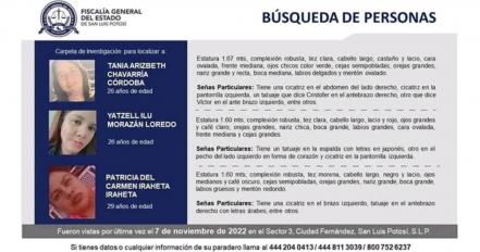 Tania, Yatzell y Patricia llevan 5 semanas desaparecidas en SLP, tras asistir al antro La Gozadera